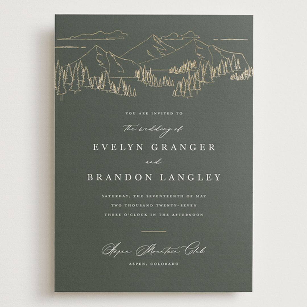"Peaks" - Wedding Invitations in Hunter by Sarah Brown - Front