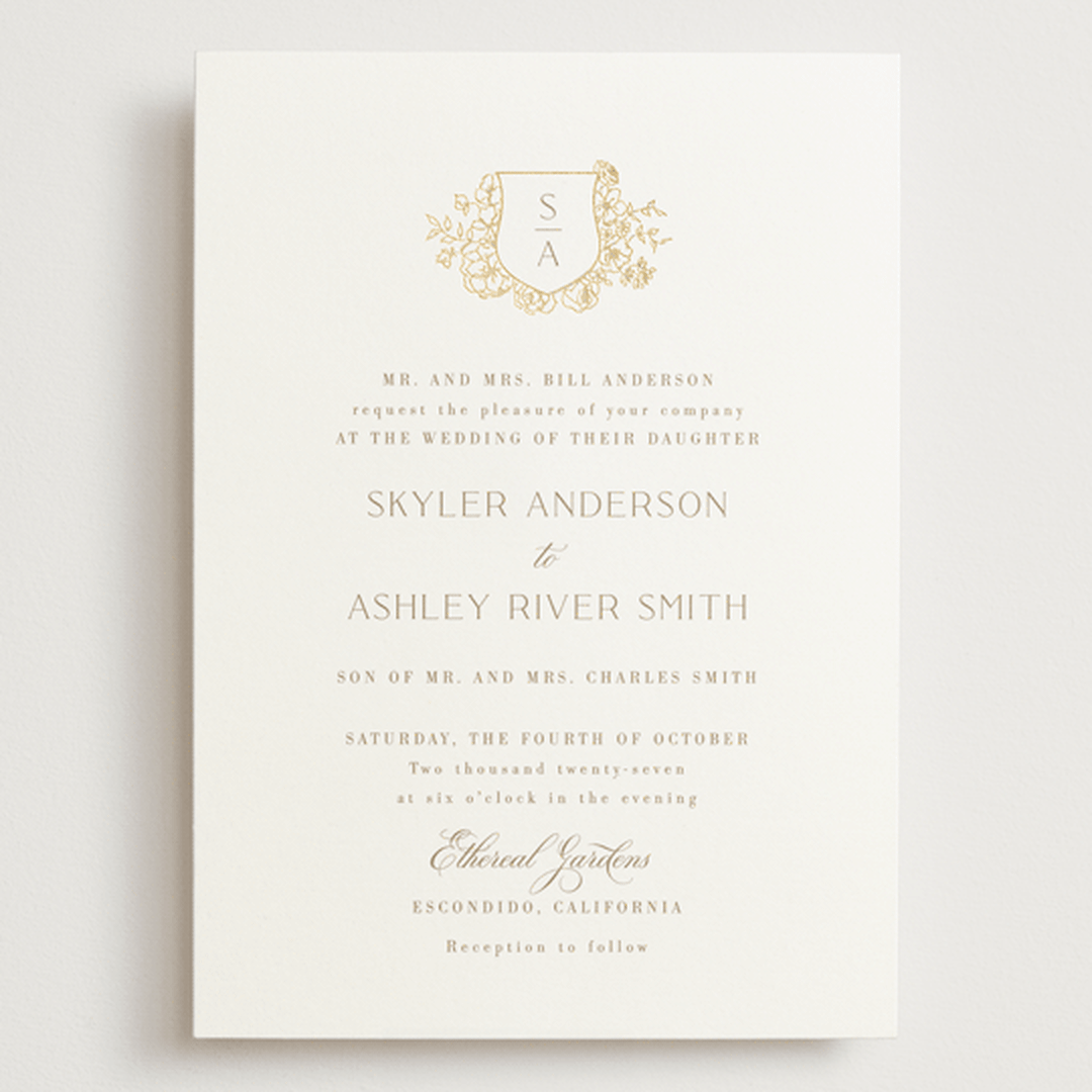 "floral crest" - Wedding Invitations in Champagne by Cass Loh - Front