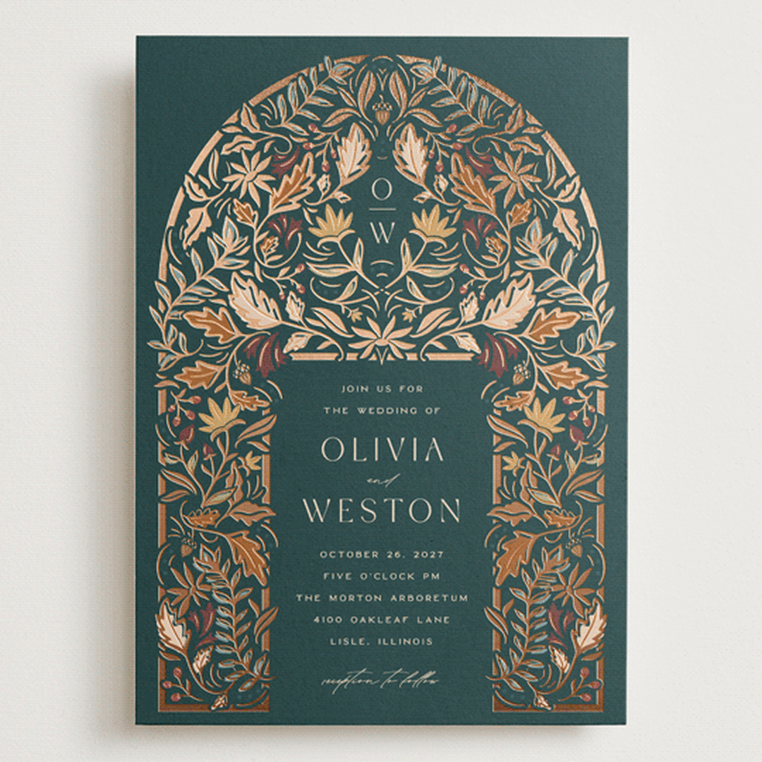 "Autumnal Arch" - Wedding Invitations in Deep Sea by Erin German - Front