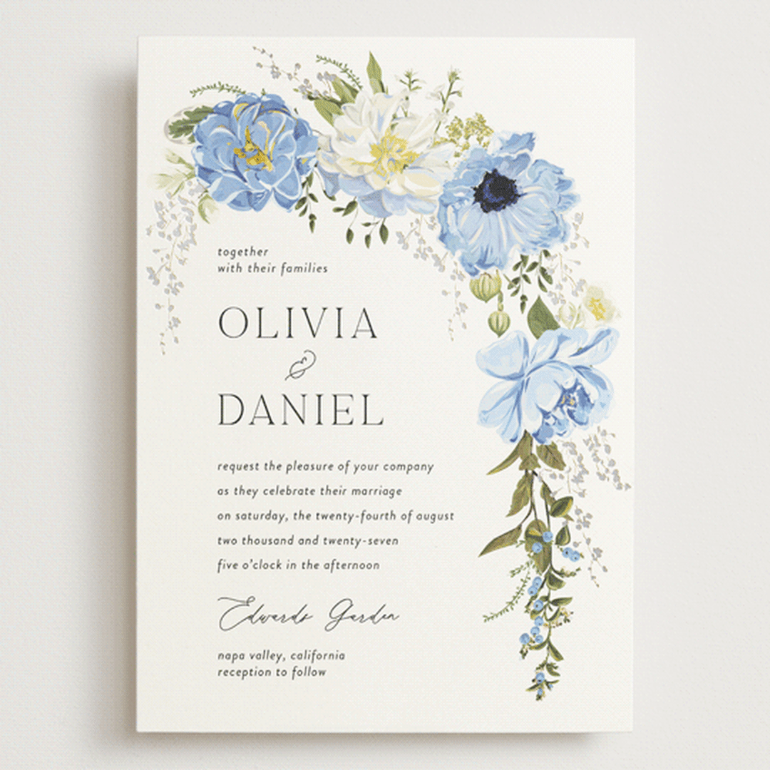 "Timeless Blooms" - Wedding Invitations in Azure by Susan Moyal - Front