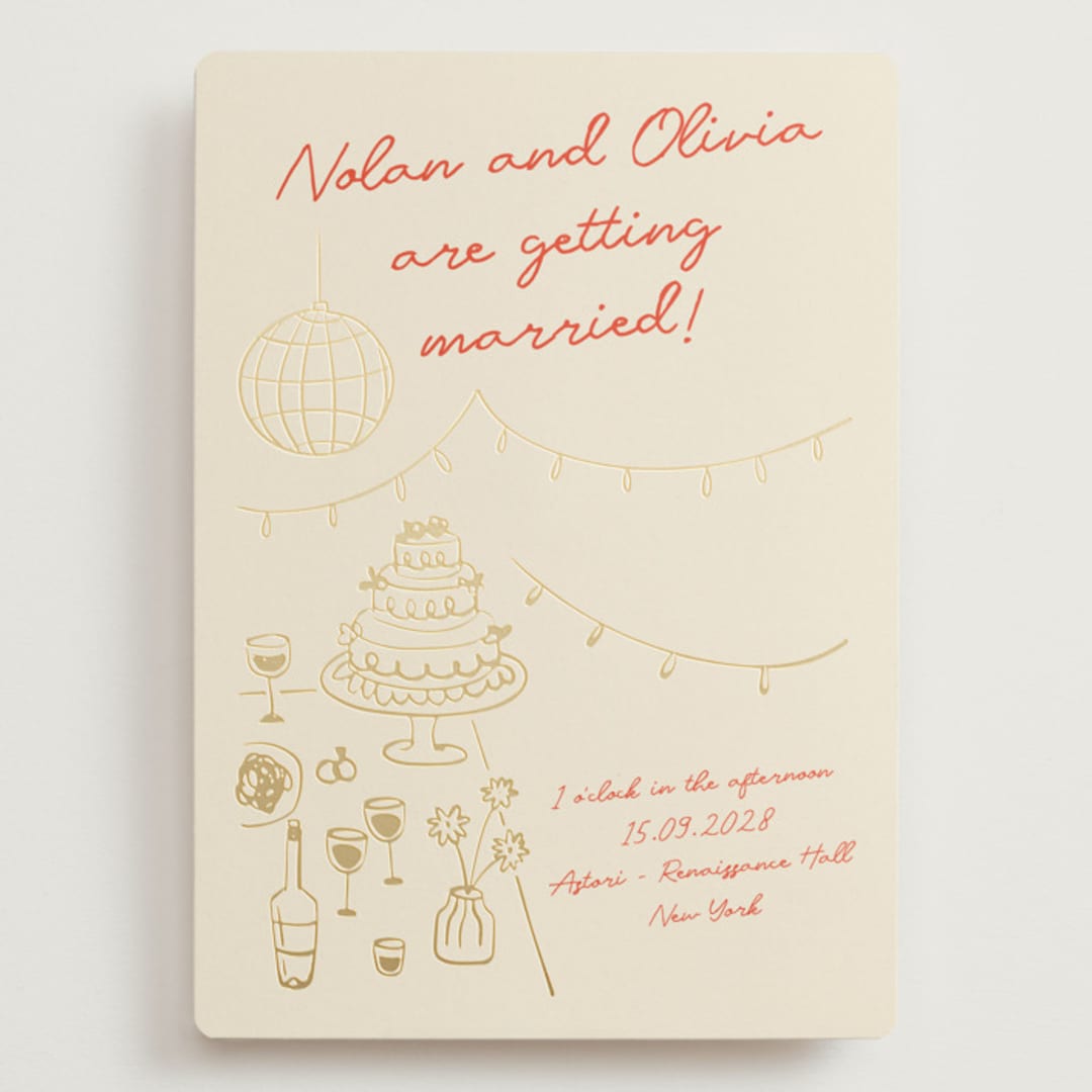 "Party On!" - Wedding Invitations in Sangria Spark by Zove Ahhh - Front