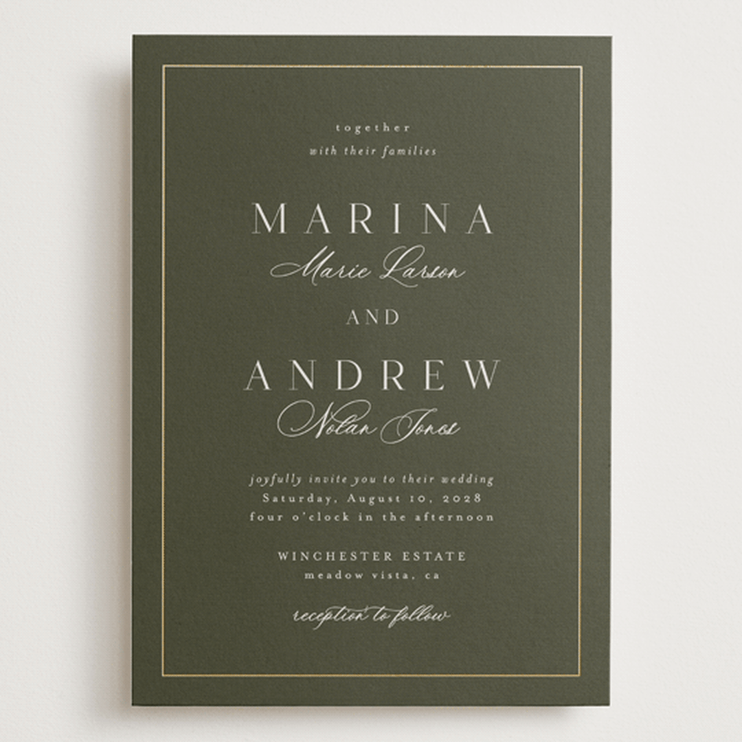 "refined" - Wedding Invitations in Deep Olive by Nicole Walsh - Front
