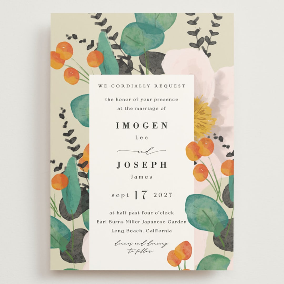 "Floral Splash" - Wedding Invitations in Wheat by Keen Peachy - Front