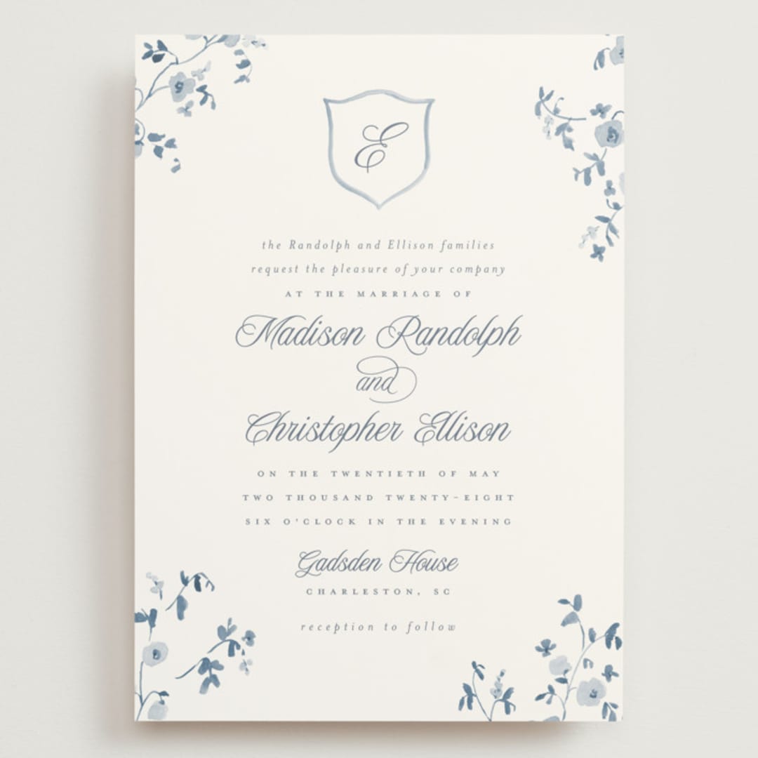 "Wildflower Corners" - Wedding Invitations in Bluebell by Everett Paper Goods - Front