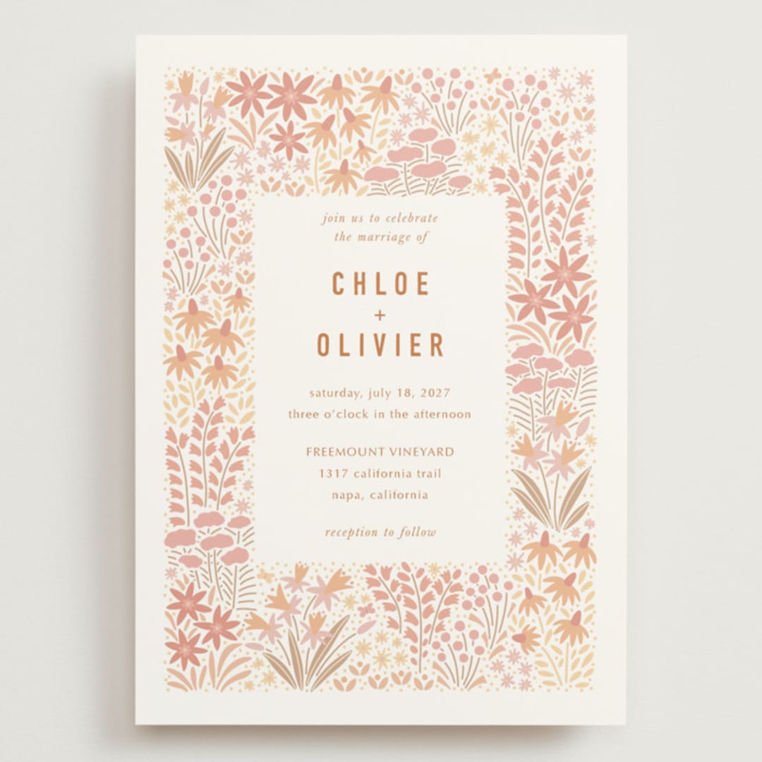 "Floral Border" - Wedding Invitations in Peach by Pippa Shaw - Front