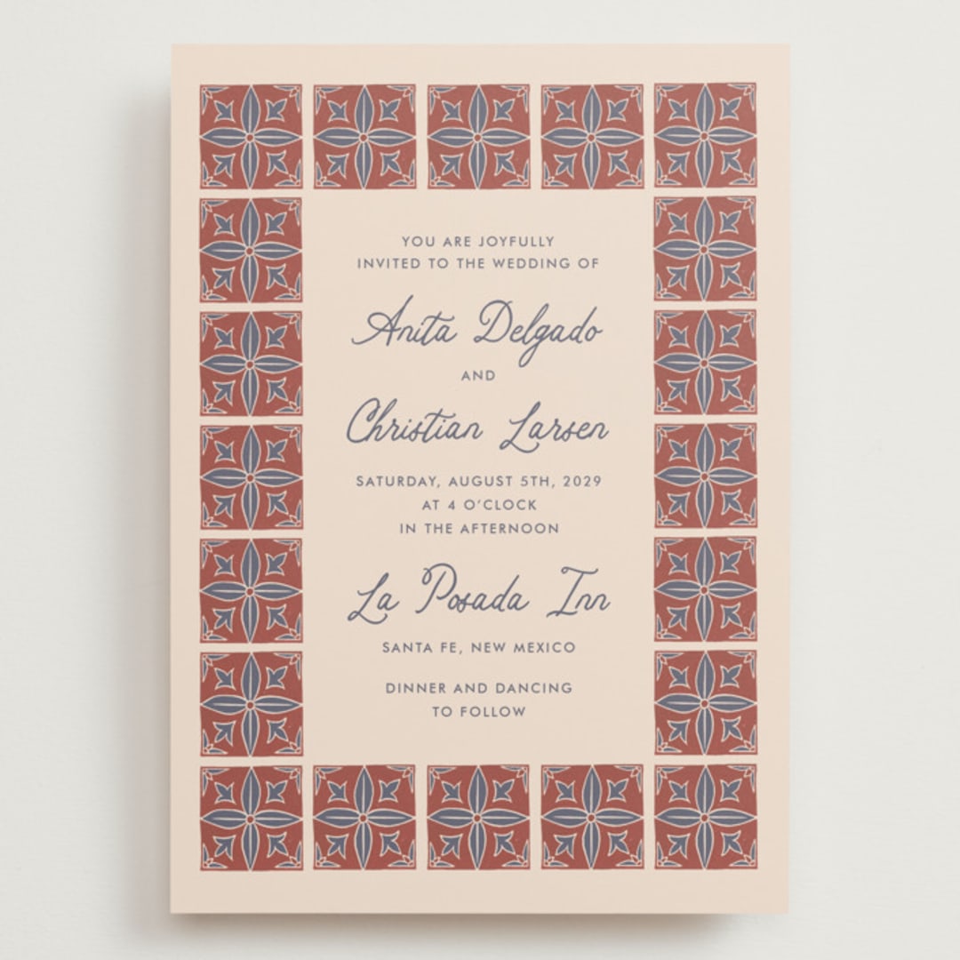 "Block Print Tile" - Wedding Invitations in Terracotta by Katharine Watson - Front