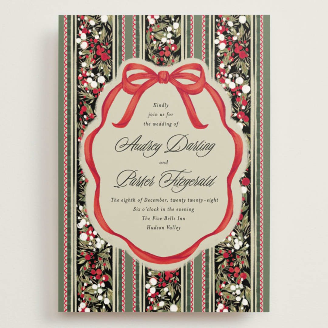 "Holiday Ribbon" - Wedding Invitations in Ruby by Jackie Crawford - Front