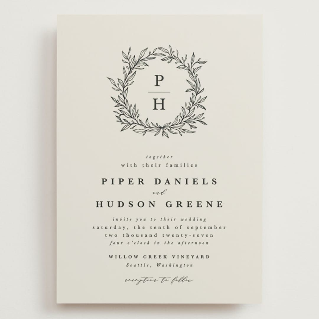 "leafy wreath" - Wedding Invitations in Cotton by Kate Ahn - Front