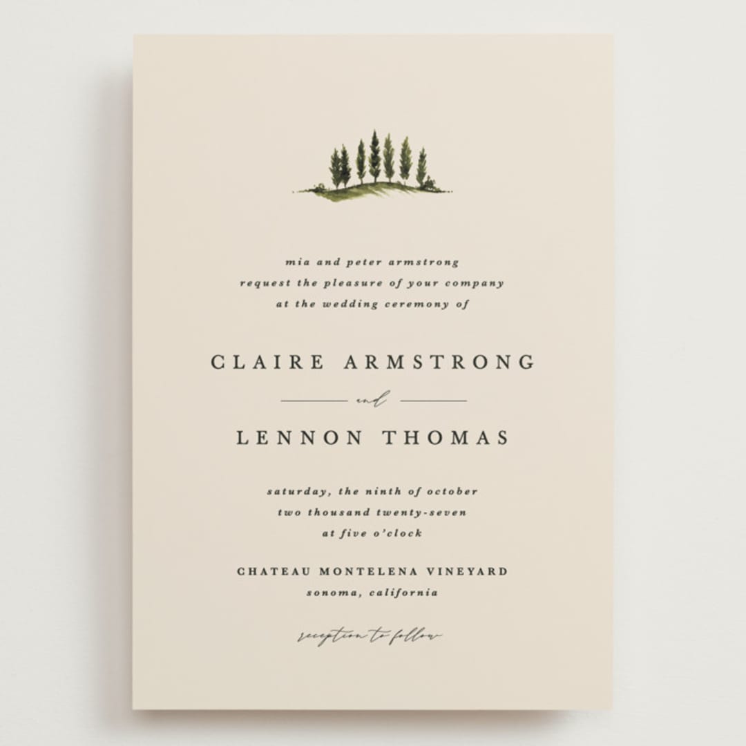 "Tuscan Hill" - Wedding Invitations in Creme by Kate Ahn - Front