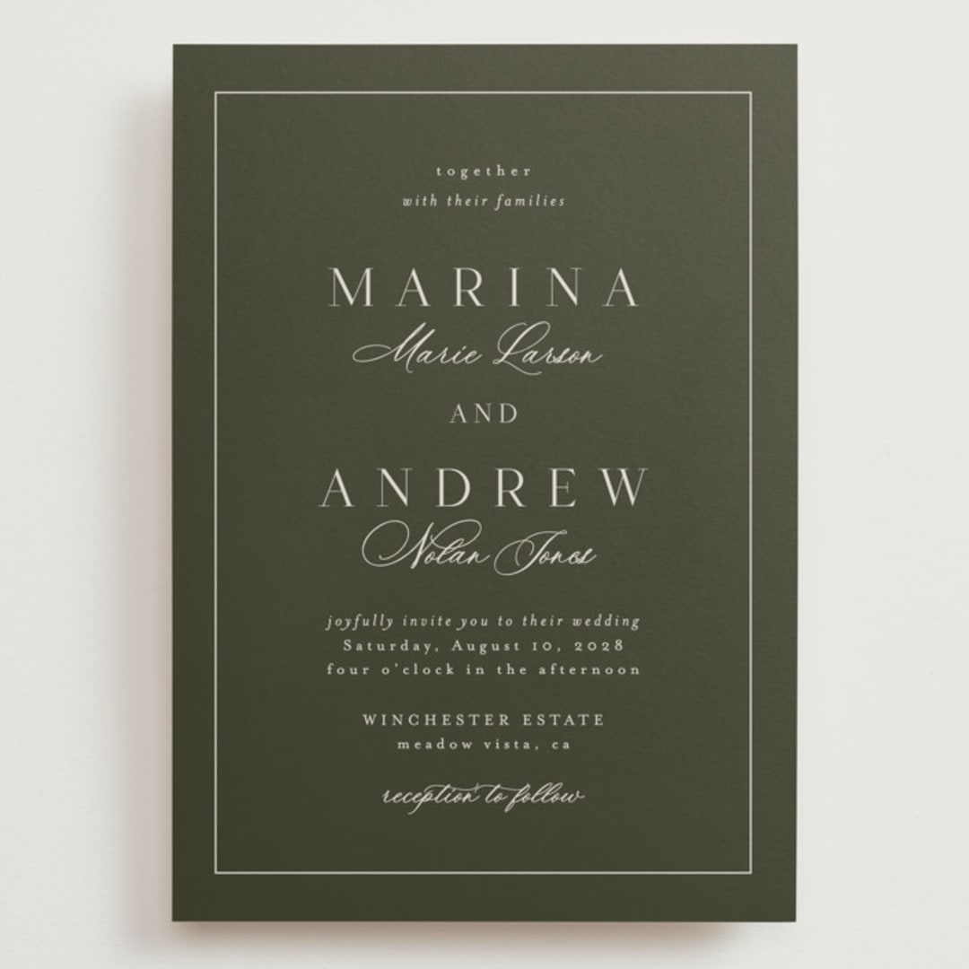 "refined" - Wedding Invitations in Deep Olive by Nicole Walsh - Front