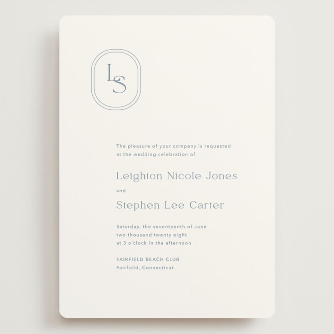 "Leighton" - Wedding Invitations in Lakeshore Blue by Jennifer Postorino - Front