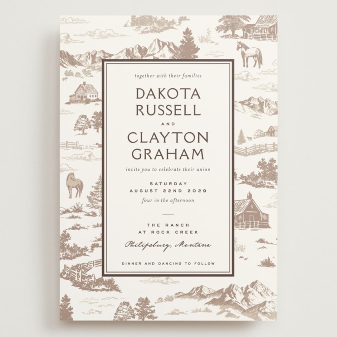 "Mountain Ranch Toile" - Wedding Invitations in Leather by Jenna Holcomb - Front