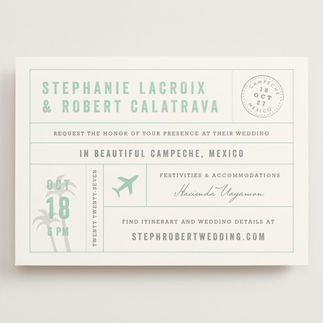 "Passport" - Wedding Invitations in Seafoam by Sarah Curry - Front