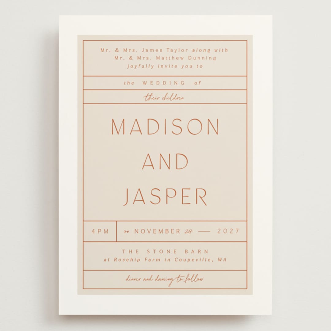 "Modern Ticket" - Wedding Invitations in Rust by Alethea and Ruth - Front