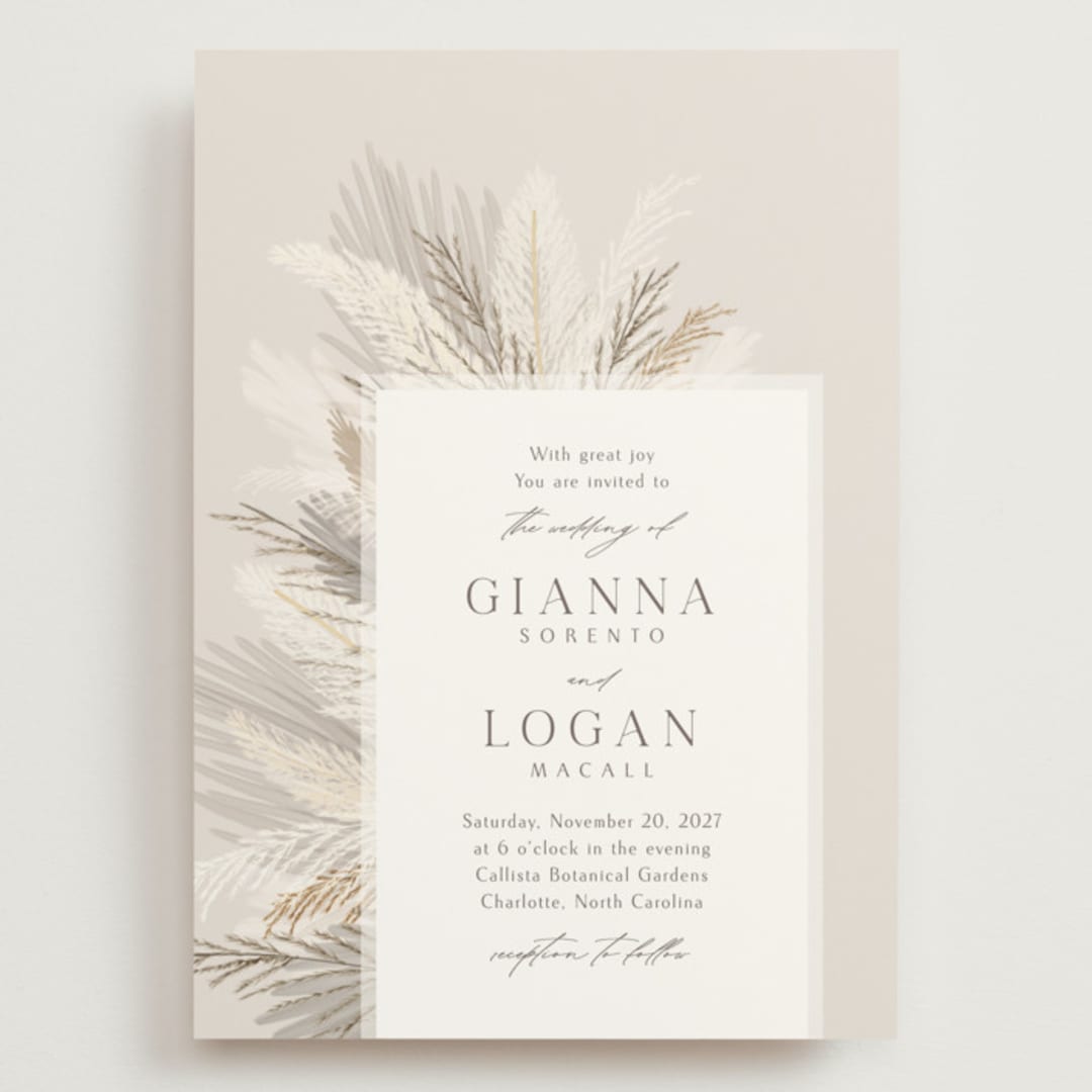 "Pampas & Palms" - Wedding Invitations in Ash by Kaydi Bishop - Front
