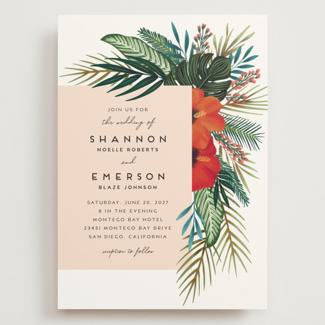 "Tropical Oasis" - Wedding Invitations in Coral by Joanna Griffin - Front