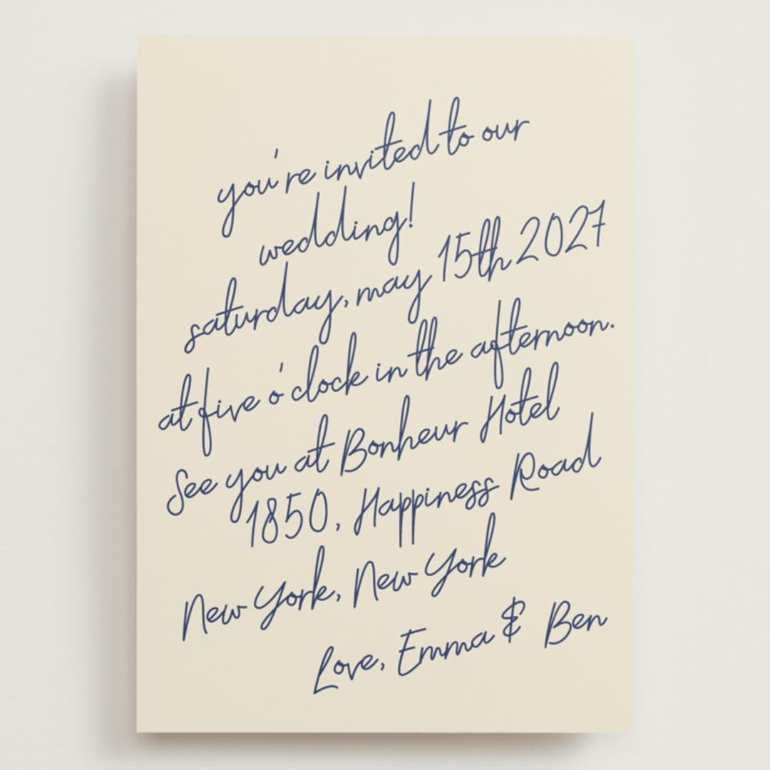 "Handwritten Letter" - Wedding Invitations in Blue Velvet by Helena Vitto - Front
