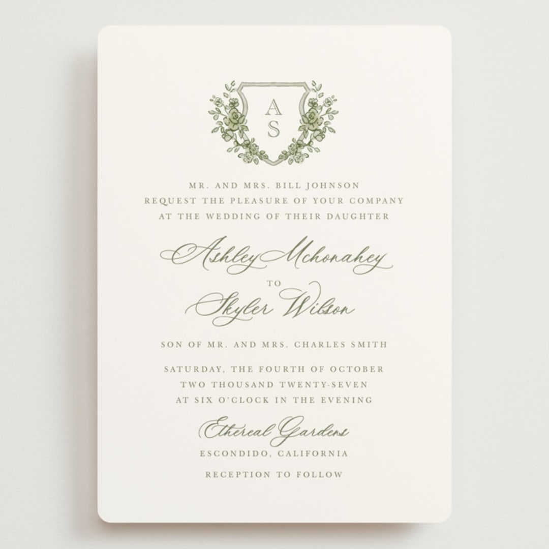 "watercolor flowers crest" - Wedding Invitations in Moss by Cass Loh - Front
