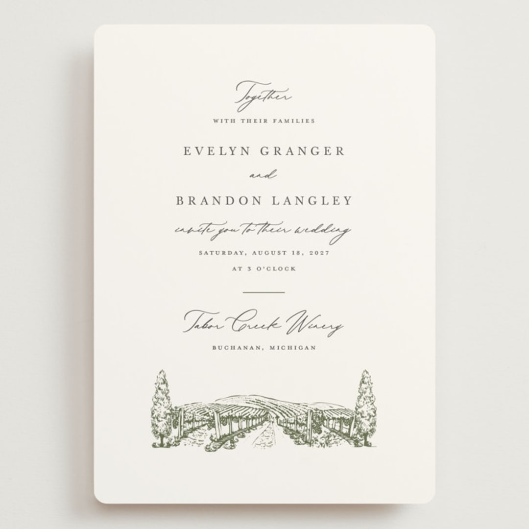 "Vineyard" - Wedding Invitations in Olive by Sarah Brown - Front