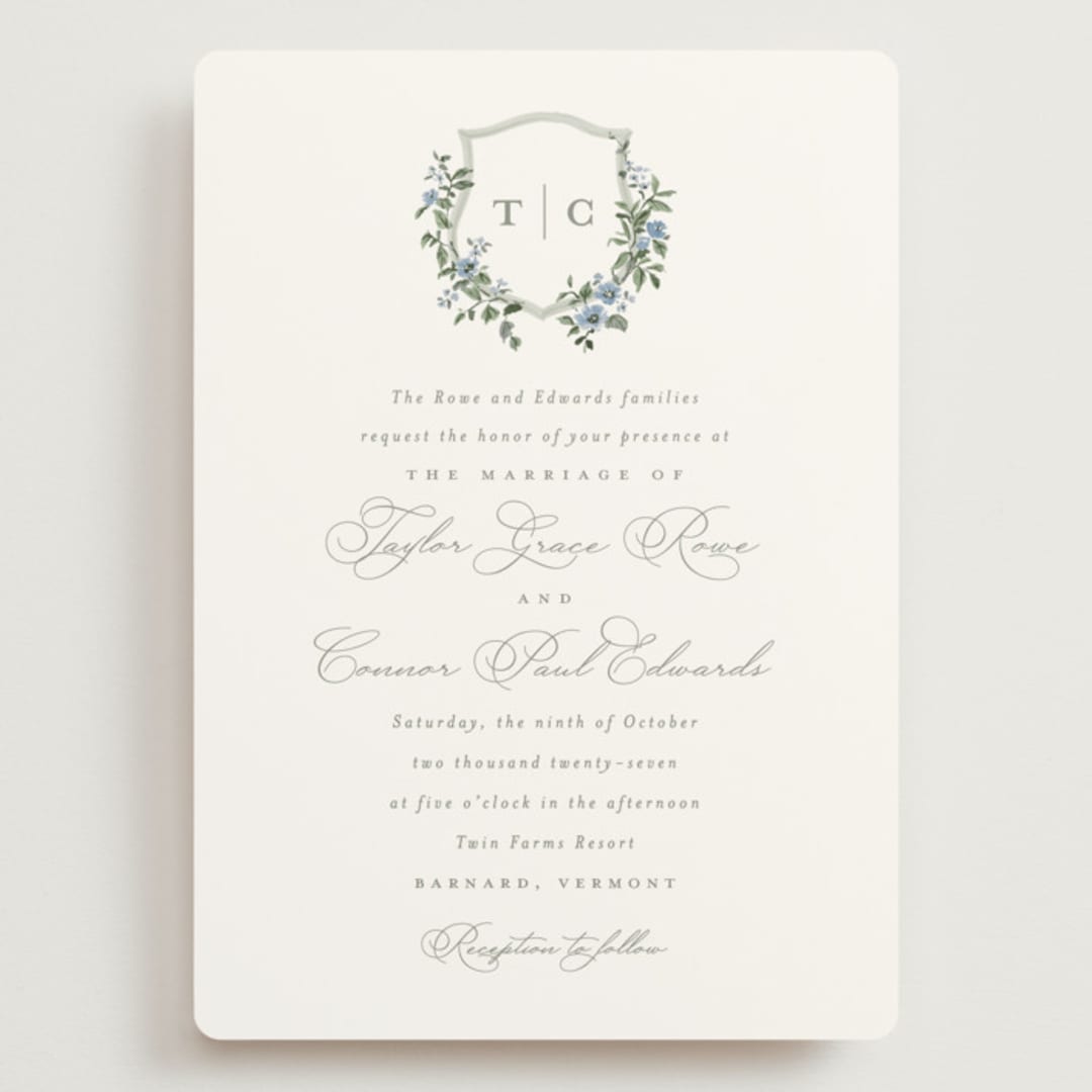 "Foliage Crest" - Wedding Invitations in Sky by Everett Paper Goods - Front