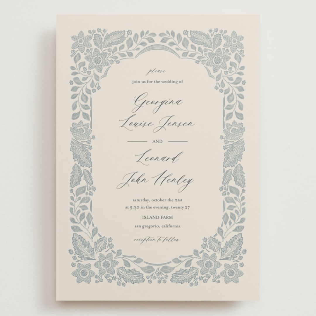"Embroidered" - Wedding Invitations in Dusty Blue by Jen Owens - Front