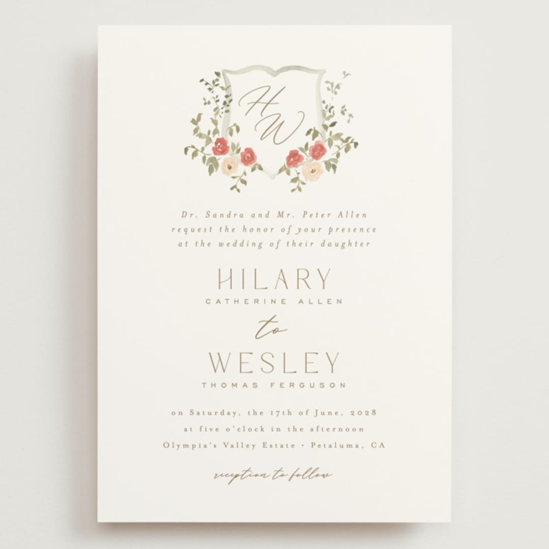"Roses Crest" - Wedding Invitations in Pomegranate by Everett Paper Goods - Front