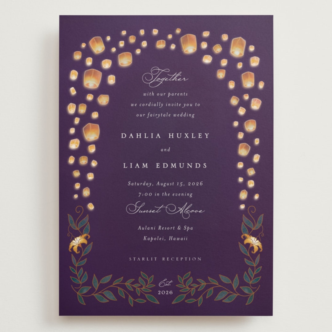 "Disney's Tangled Lanterns" - Wedding Invitations in Twilight by Simona Camp - Front