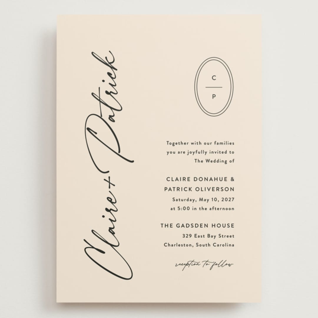 "Script and Monogram" - Wedding Invitations in Sand by Carolyn MacLaren - Front