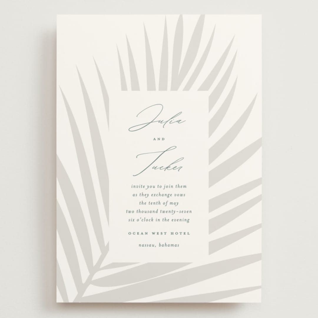 "Faded Palm" - Wedding Invitations in Mist by Lauren Chism - Front