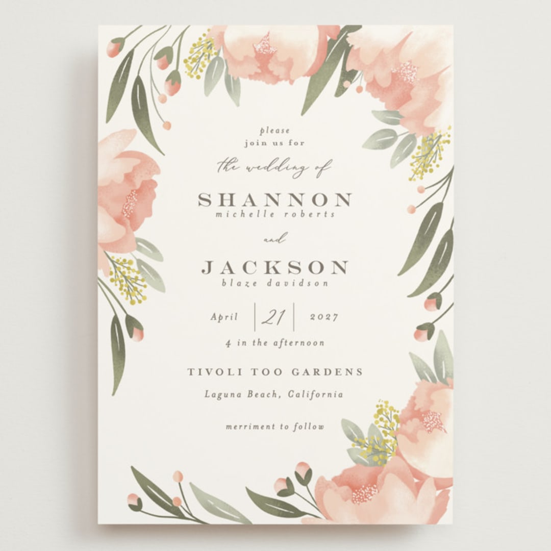 "Peony Wreath" - Wedding Invitations in Peach by Joanna Griffin - Front