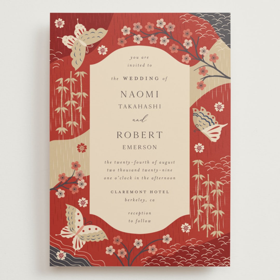 "Japanese Textile" - Wedding Invitations in Rose by Jennifer Holbrook - Front