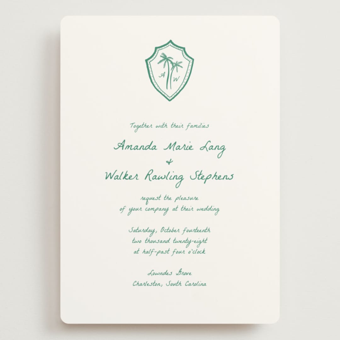 "Palm Tree Crest" - Wedding Invitations in Palm by Erika Firm - Front