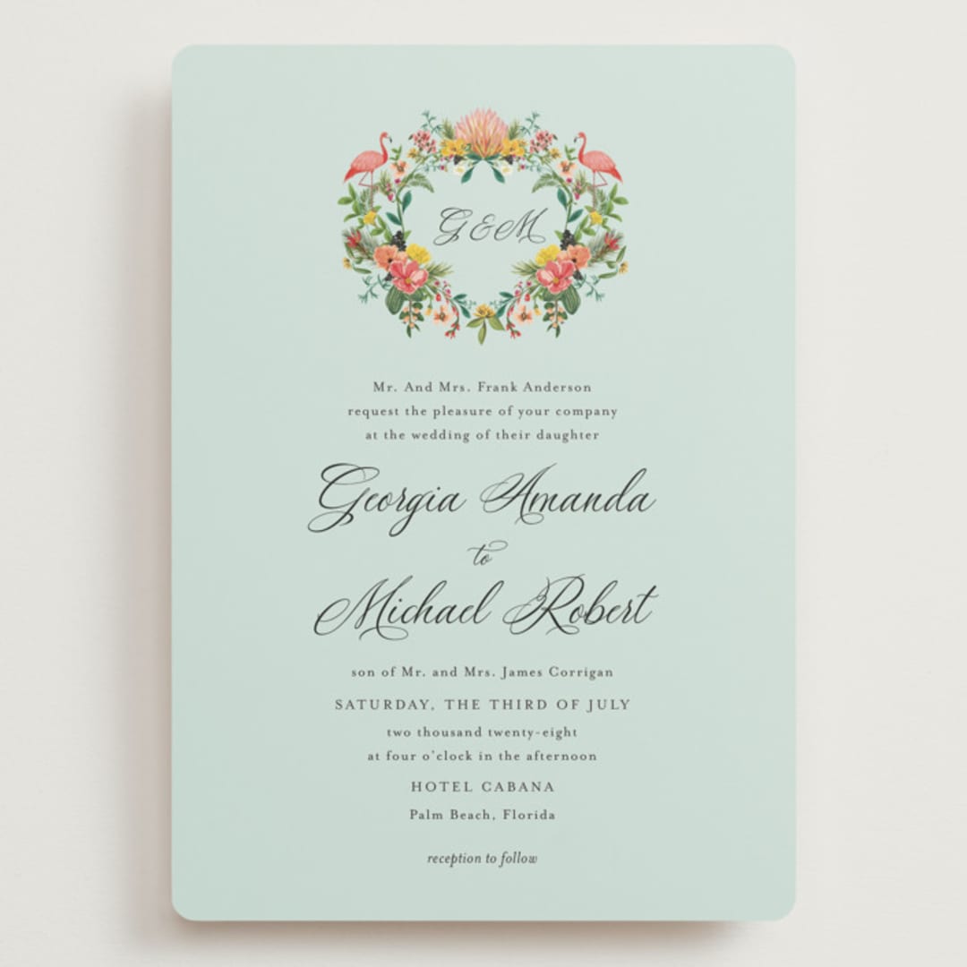 "Tropical Crest" - Wedding Invitations in Papaya by Susan Moyal - Front