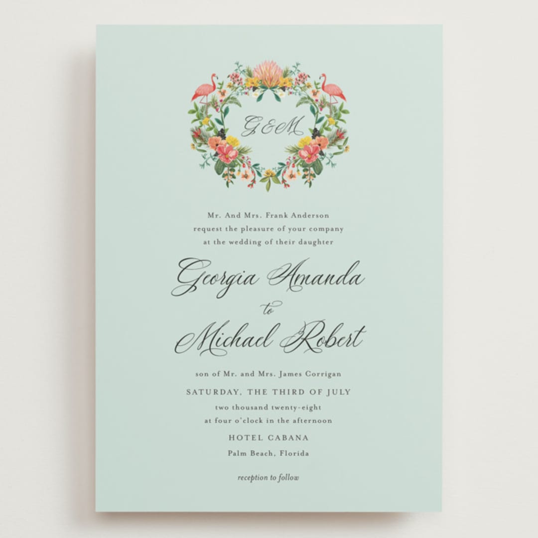 "Tropical Crest" - Wedding Invitations in Papaya by Susan Moyal - Front