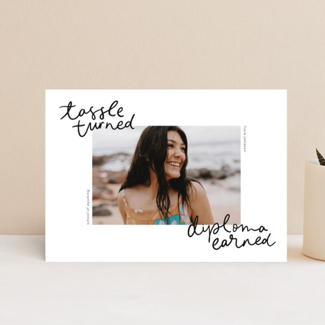 "Tassel turned, diploma earned" - Graduation Announcements in Noir by Abbigail Lim - Front