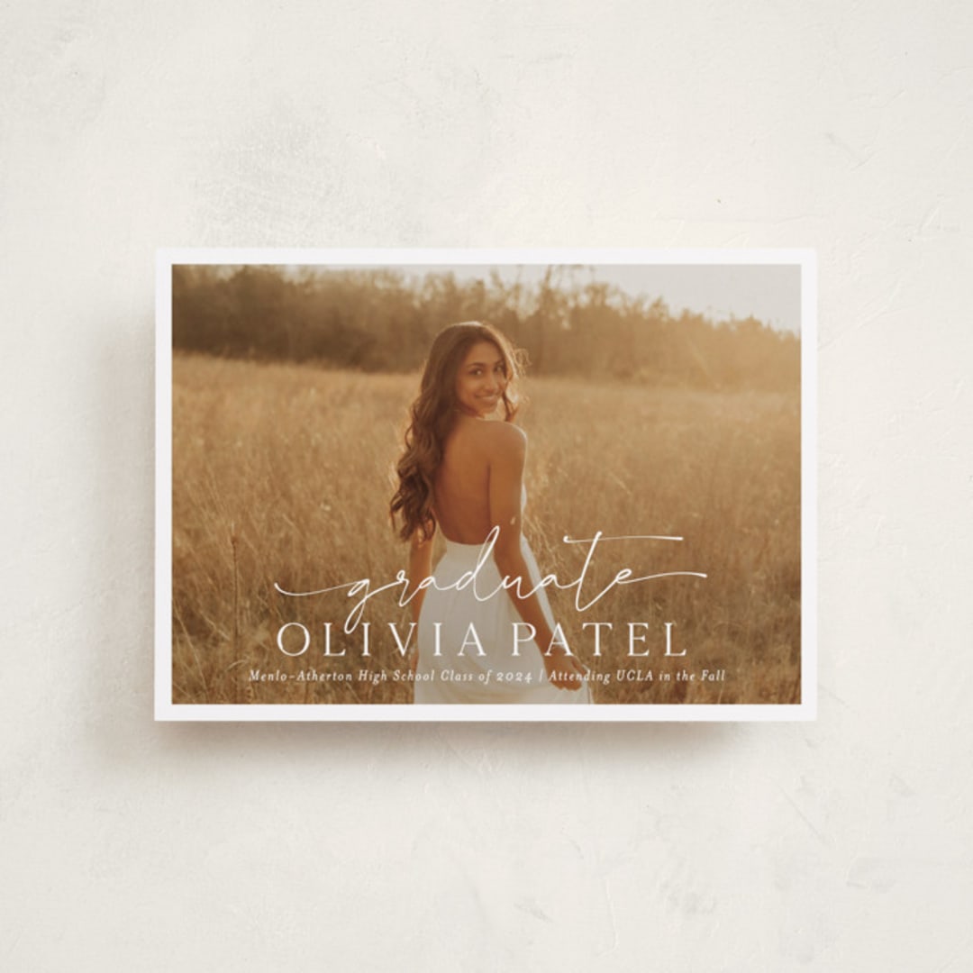 "Graduate Script" - Graduation Announcements in Snow by Sarah Curry - Front
