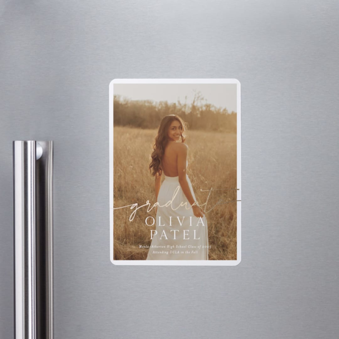 "Graduate Script" - Graduation Announcements in Snow by Sarah Curry - Magnet Front