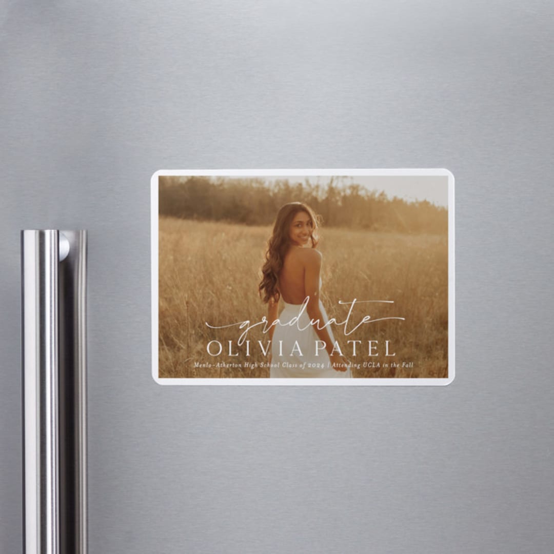 "Graduate Script" - Graduation Announcements in Snow by Sarah Curry - Magnet Front