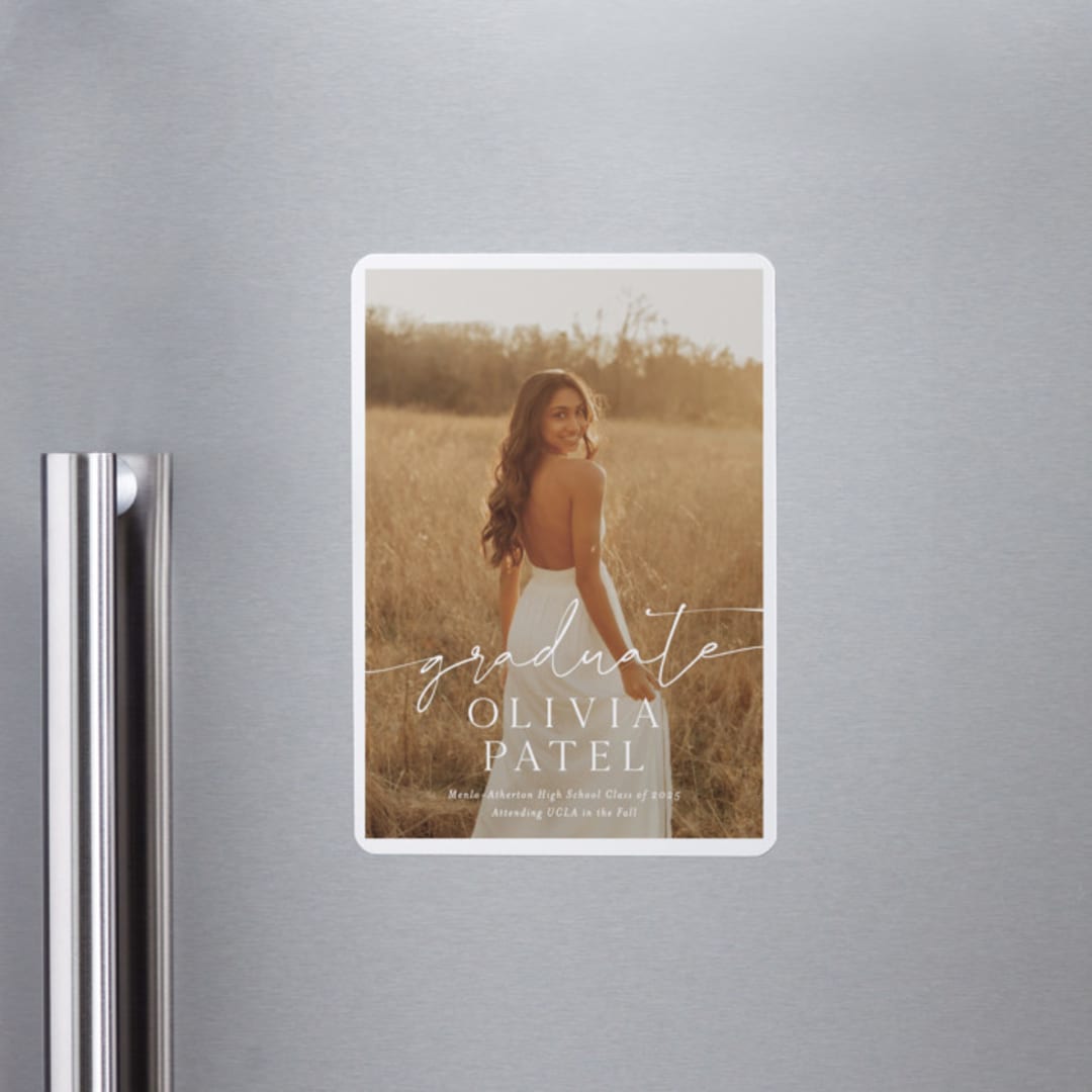 "Graduate Script" - Graduation Announcements in Snow by Sarah Curry - Magnet Front