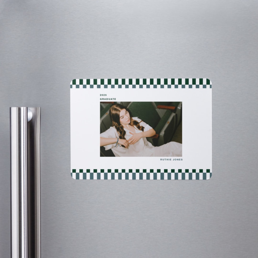"Checked Out" - Graduation Announcements in Pine by Rachel Cassel - Magnet Front