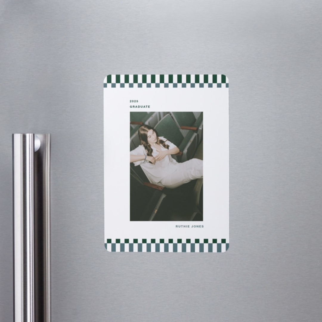 "Checked Out" - Graduation Announcements in Pine by Rachel Cassel - Magnet Front