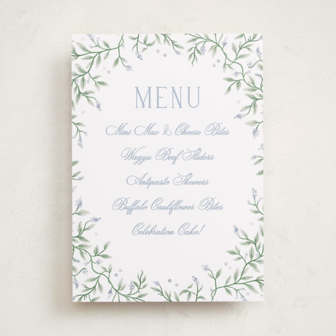 "Wisteria" - Graduation Menu Signs in Periwinkle by Kristen Smith - Front