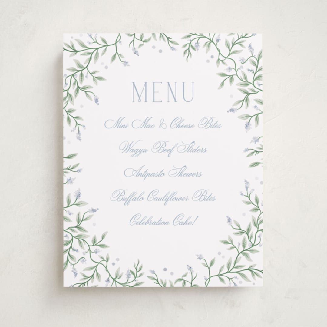 "Wisteria" - Graduation Menu Signs in Periwinkle by Kristen Smith - Front