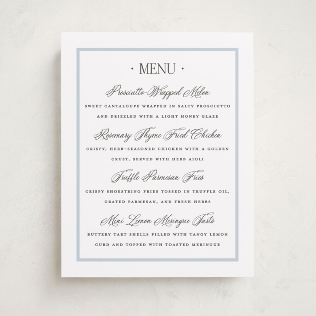 "Dotted Classic" - Graduation Menu Signs in Hydrangea by Carolyn MacLaren - Front