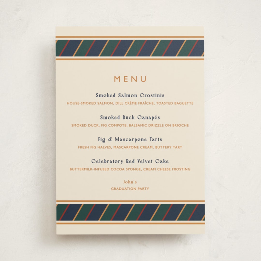 "Belmont" - Graduation Menu Signs in Navy by Sarah Rosenthal - Front