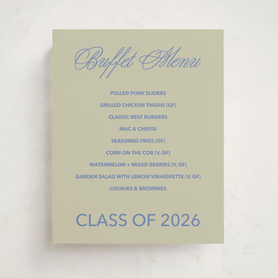 "New Style" - Graduation Menu Signs in Denim by Inkblot Design - Front