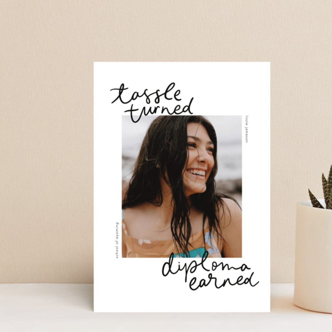 "Tassel turned, diploma earned" - Graduation Announcements in Noir by Abbigail Lim - Front