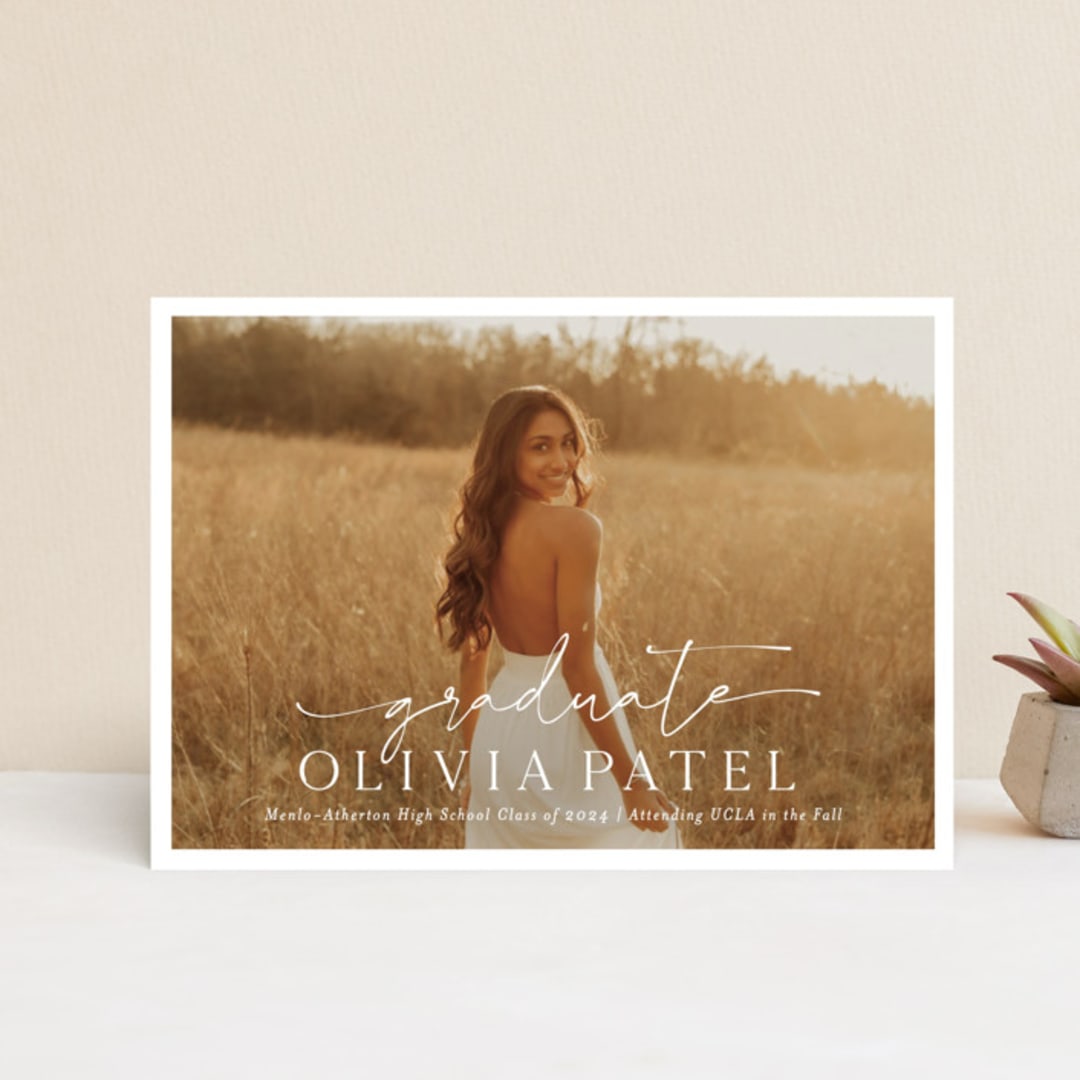 "Graduate Script" - Graduation Announcements in Snow by Sarah Curry - Front