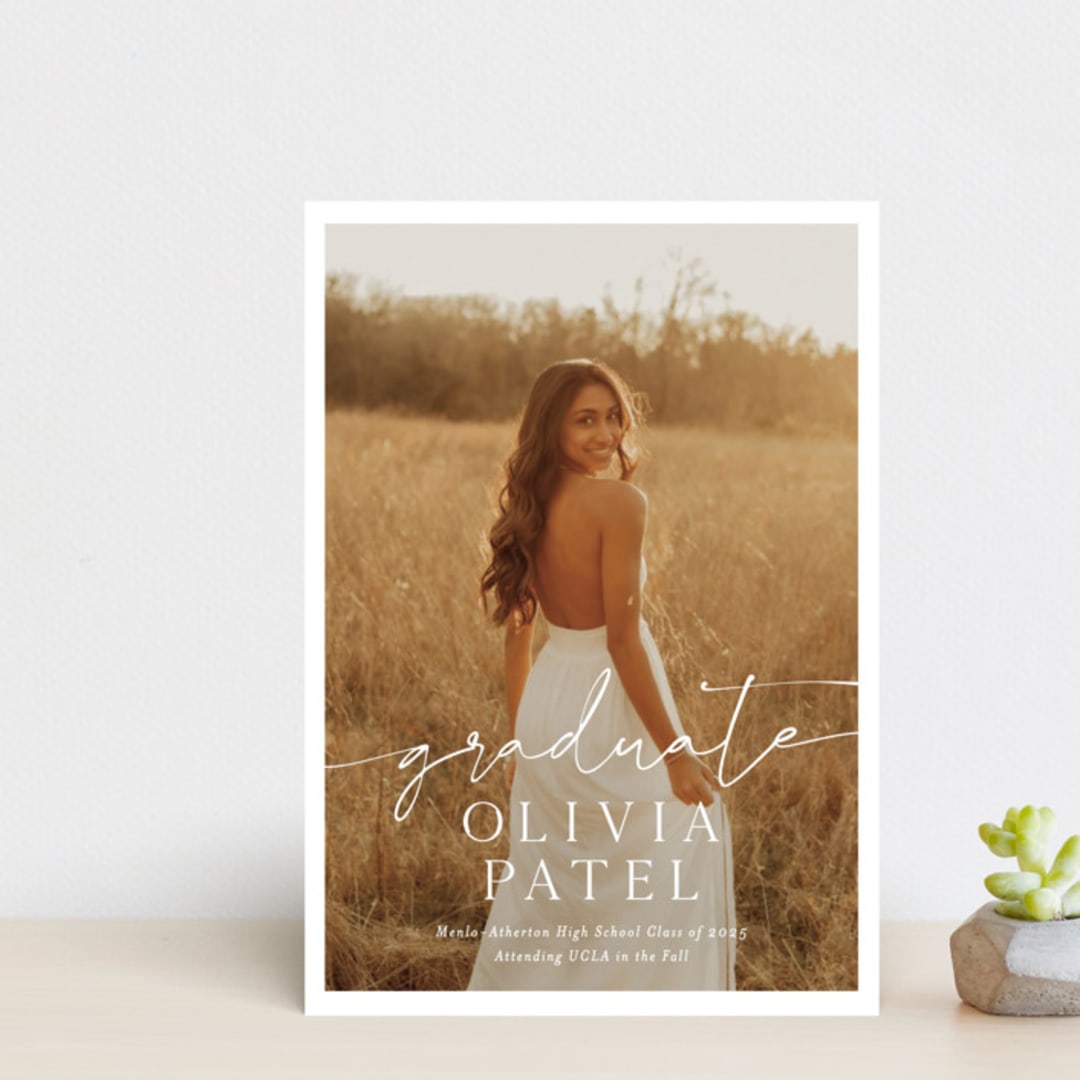 "Graduate Script" - Graduation Announcements in Snow by Sarah Curry - Front