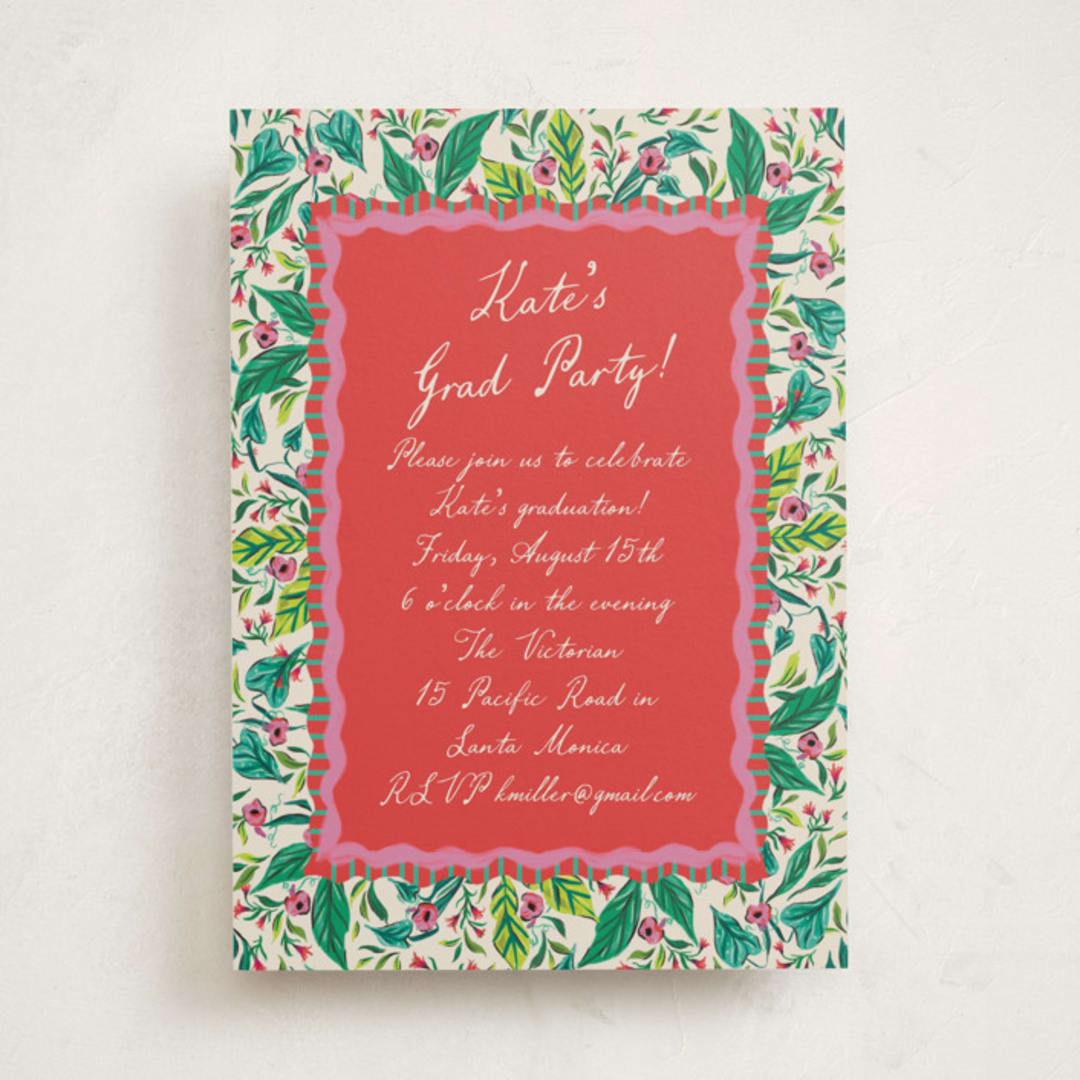 "Whimsical Hand Illustrated Crest" - Graduation Party Invitations in Peony by Jackie Crawford - Front